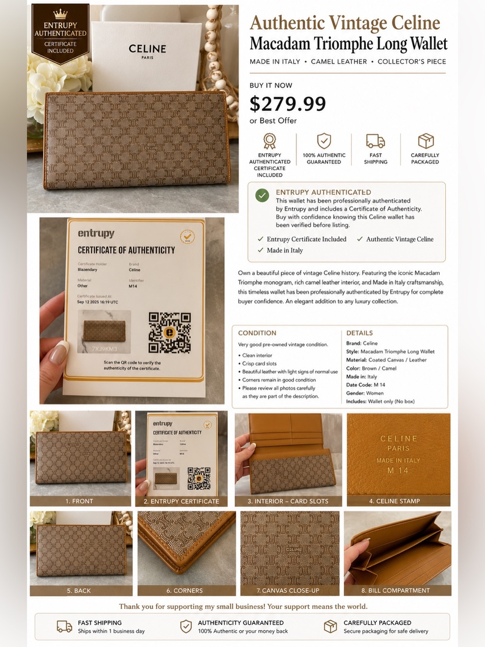 Celine Macadam Triomphe Long Wallet in Camel Monogram